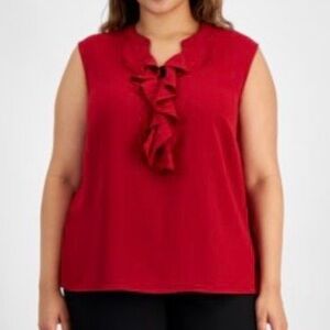 Kasper Plus Size Ruffled V-Neck Sleeveless Tank Top - Fire Red